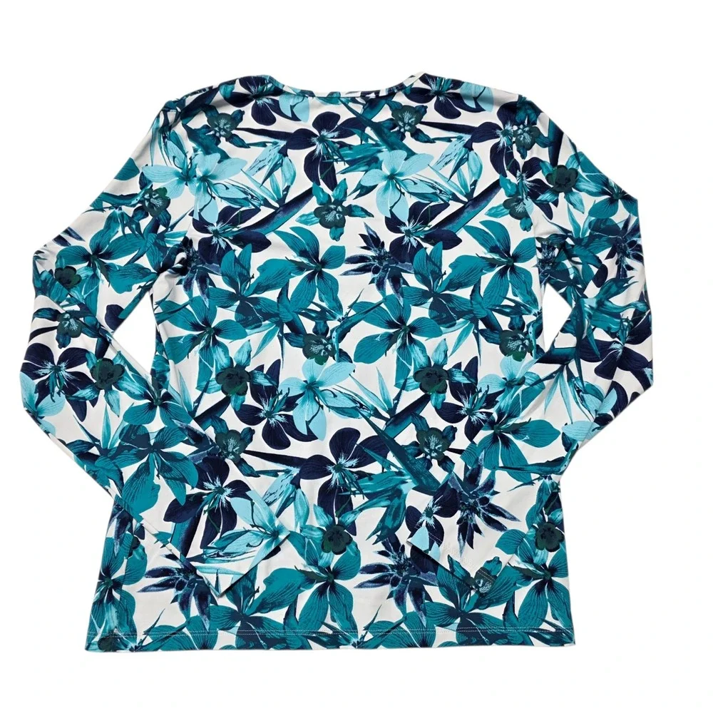 Lands' End Rash Guard Women S Blue Floral Long Sleeve Crew Neck Swim Top